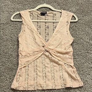 XOXO Women's Blush Lace Twist-Front Blouse